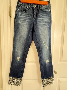bebe Dark Blue Distressed Cropped Jeans with Embellished Hem🔥🔥